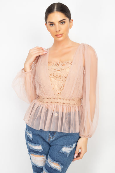 Blush Floral Lace Detail Mesh Long Sleeve Top