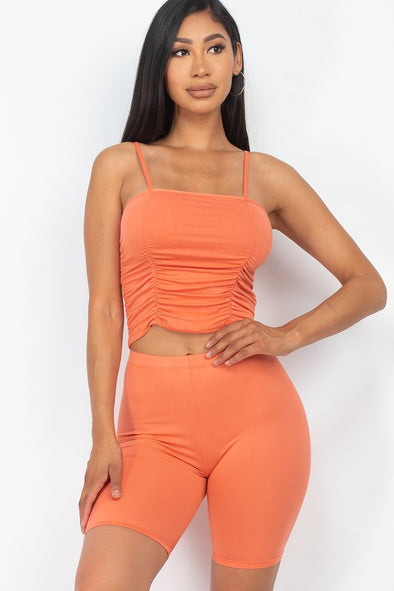 Coral Ruched Cami & Biker Short Set