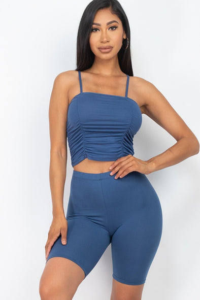 Blue Ruched Cami & Biker Short Set