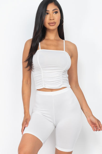 White Ruched Cami & Biker Short Set