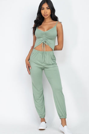 Sage Front Ruched Drawstring Cut Out Jumpsuit