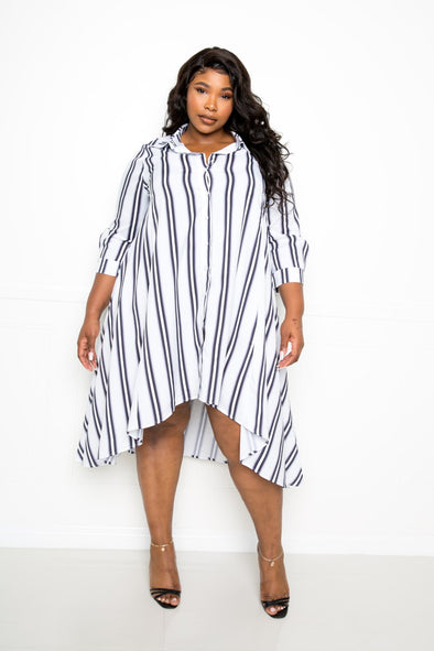 Plus Size Black Striped Shirt Dress