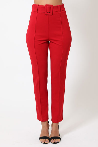 Red Belted Straight Leg Ankle Pants