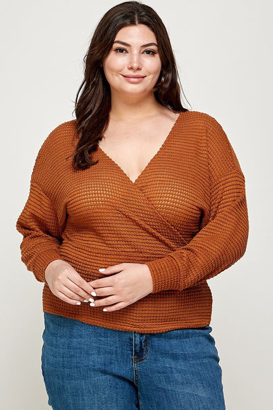 Plus Burnt Orange Waffle Knit Wrap Front Sweater from www.adorastar.com. Features a V-neckline and back with a neck strap.