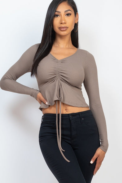 Taupe Drawstring Front Long Sleeve Peplum Crop Top