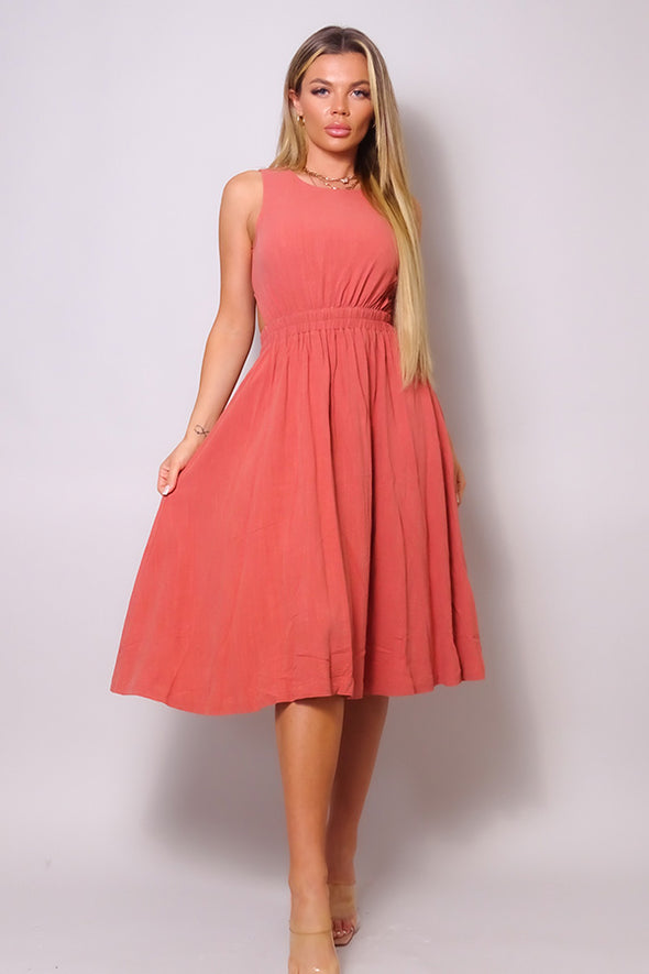 Coral Pink Sleeveless Cutout Linen Midi Dress