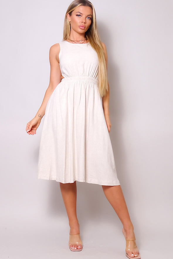 Cream Sleeveless Back Cutout Linen Midi Dress