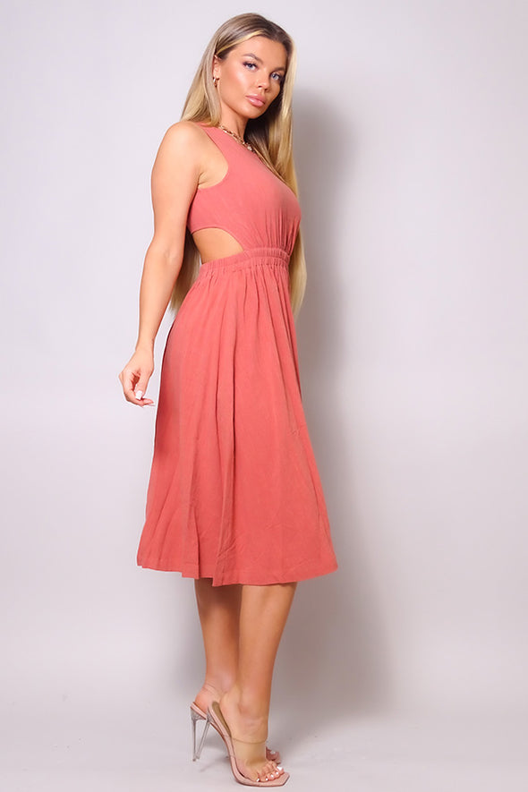 Coral Pink Sleeveless Cutout Linen Midi Dress