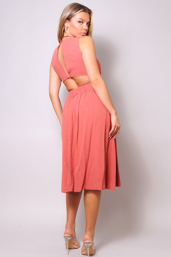 Coral Pink Sleeveless Cutout Linen Midi Dress