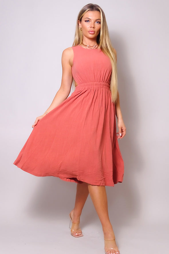 Coral Pink Sleeveless Cutout Linen Midi Dress
