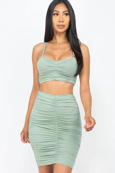 Sage Ruched Cropped Cami & Skirt Set