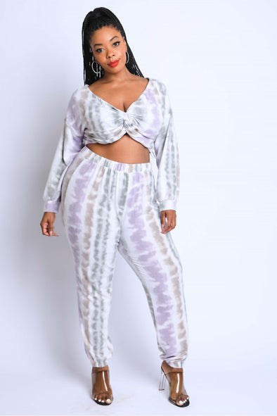 Plus Purple Tie Dye Twist-Front Crop Top & Jogger Set