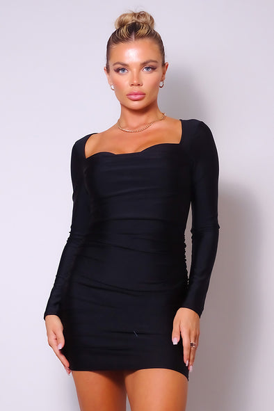 Black Pleated Detail Bodycon Mini Dress