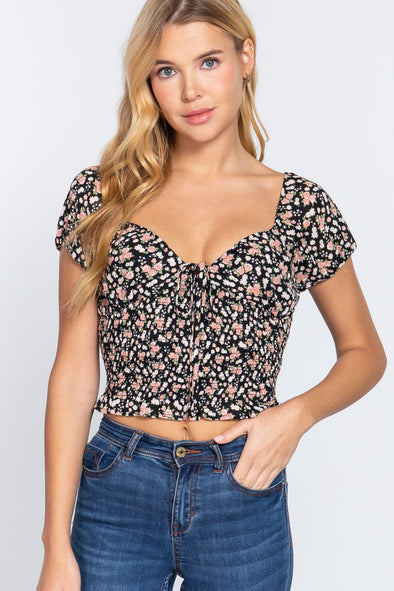 Black Floral Tie-Front Shirred Top