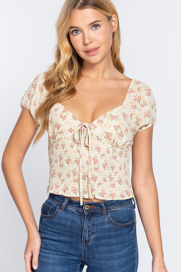 Cream Floral Tie-Front Shirred Top
