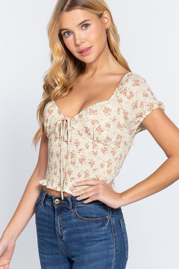Cream Floral Tie-Front Shirred Top