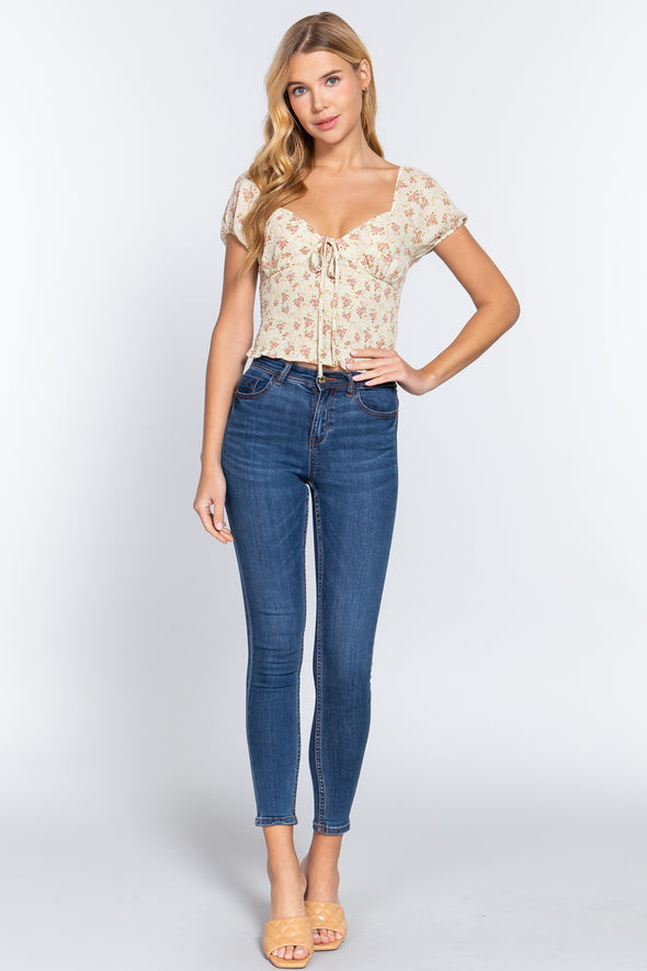 Cream Floral Tie-Front Shirred Top