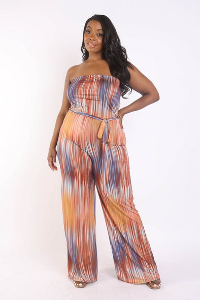 Plus Rust Tube Tie-Waist Jumpsuit from www.adorastar.com. Features a rust and blue abstract stripe print and a wide leg fit.