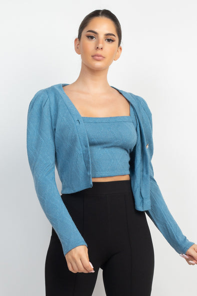 Bright Blue Sweater-Knit Cropped Cami & Puff Sleeve Cardigan Set from www.adorastar.com.