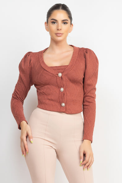 Terracotta Sweater-Knit Cropped Cami & Puff Sleeve Cardigan Set from www.adorastar.com.