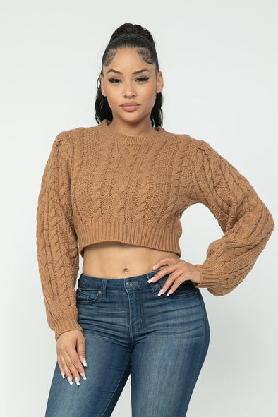 Camel Crew Neck Cable Knit Cropped Sweater