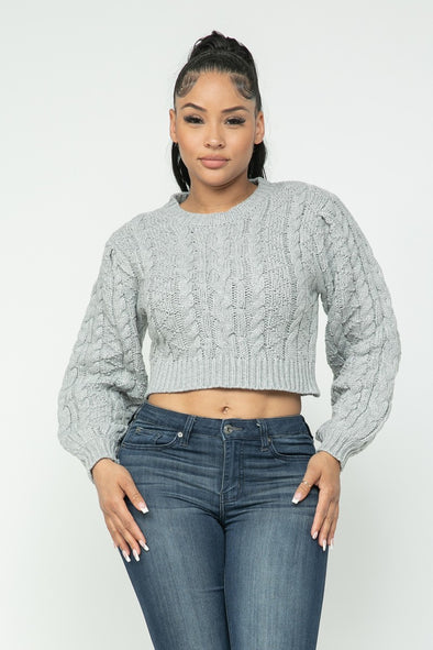 Heather Grey Crew Neck Cable Knit Cropped Sweater