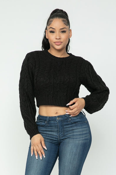 Black Crew Neck Cable Knit Cropped Sweater