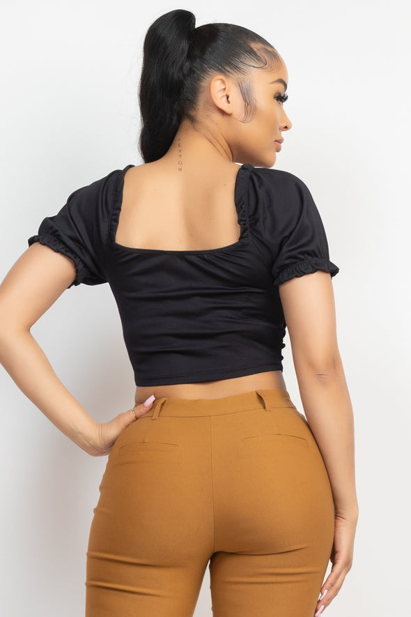 Black Ruffle Trim Short Sleeve Bustier Crop Top