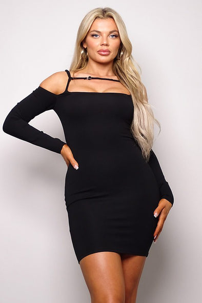 Black Cold Shoulder Long Sleeve Mini Dress