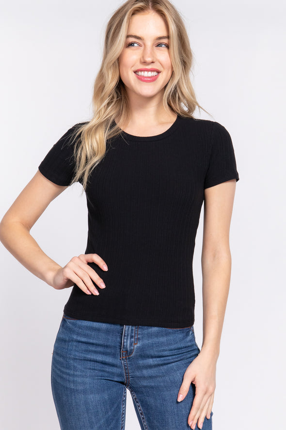 Black Crew Neck Rib Knit Short Sleeve Tee