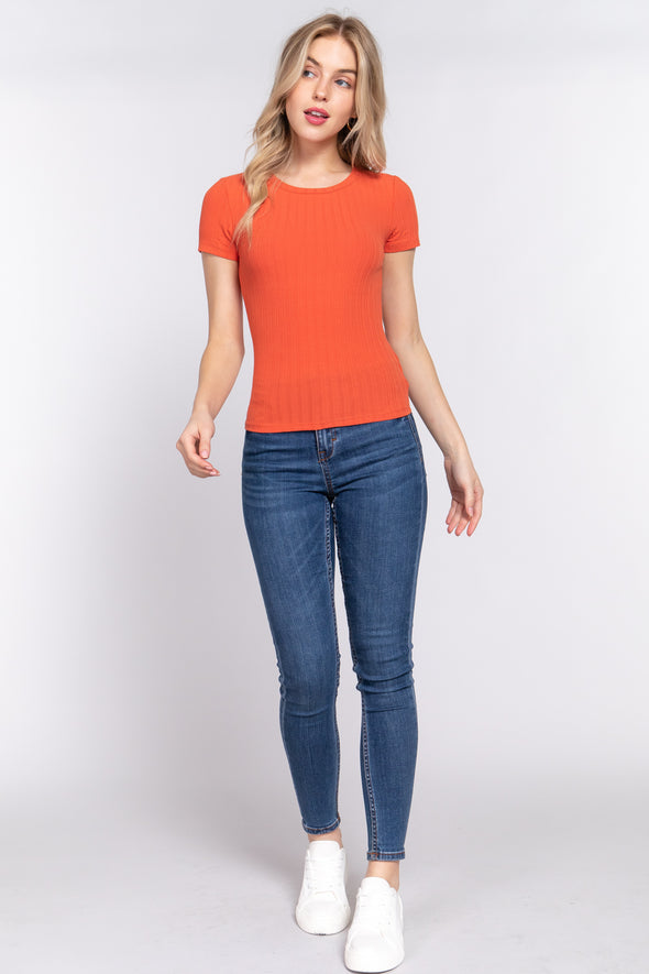 Orange Crew Neck Rib Knit Short Sleeve Tee