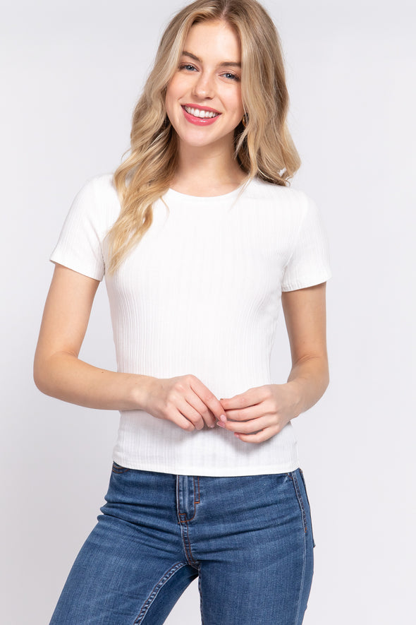 White Crew Neck Rib Knit Short Sleeve Tee