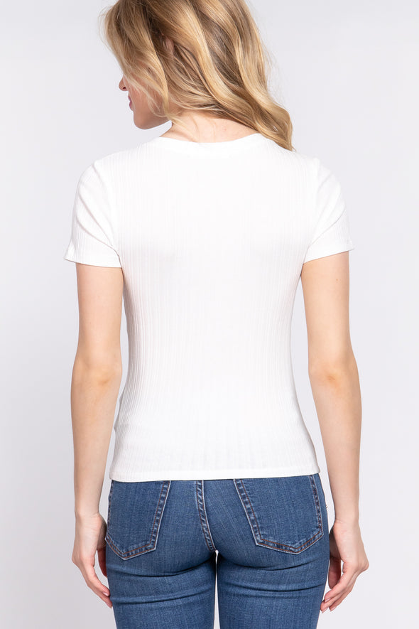 White Crew Neck Rib Knit Short Sleeve Tee