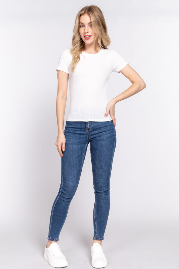 White Crew Neck Rib Knit Short Sleeve Tee