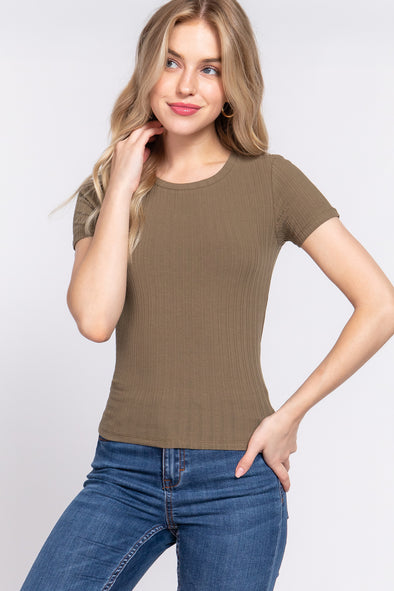 Olive Crew Neck Rib Knit Short Sleeve Tee