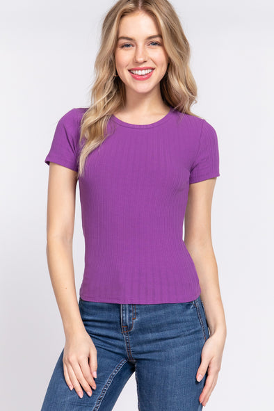 Purple Crew Neck Rib Knit Short Sleeve Tee