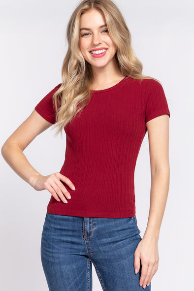 Red Crew Neck Rib Knit Short Sleeve Tee