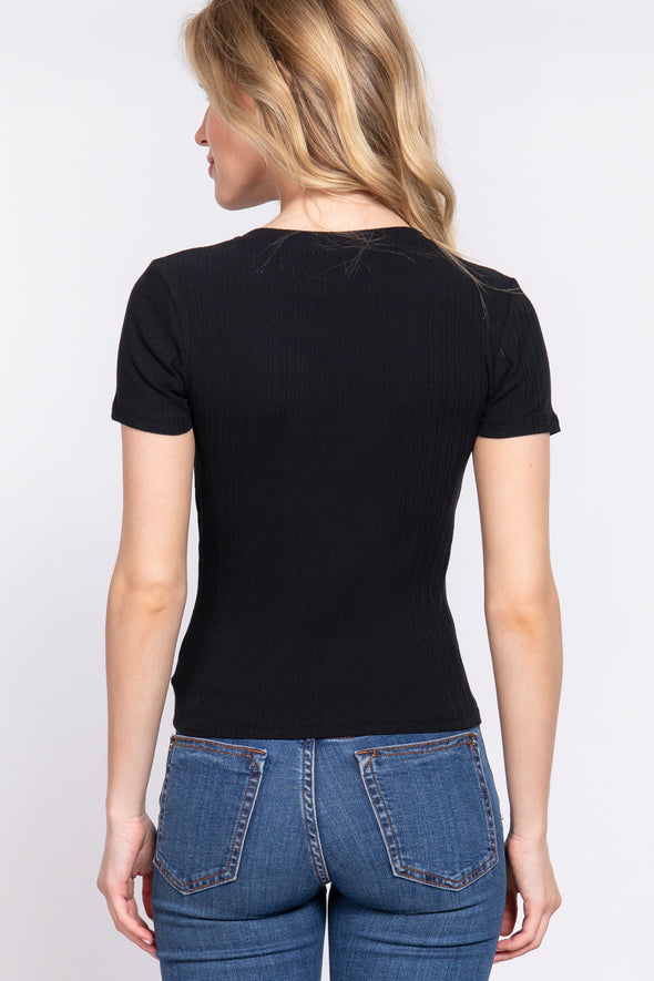 Black Crew Neck Rib Knit Short Sleeve Tee