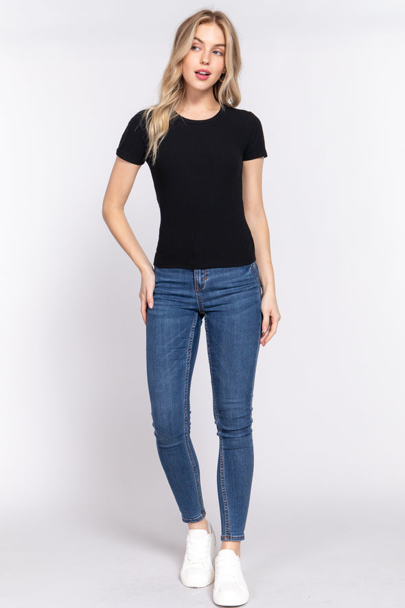 Black Crew Neck Rib Knit Short Sleeve Tee