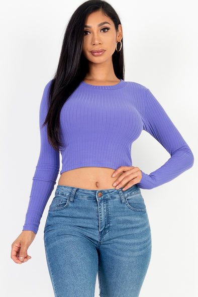 Blue Round Neck Basic Long Sleeve Crop Top