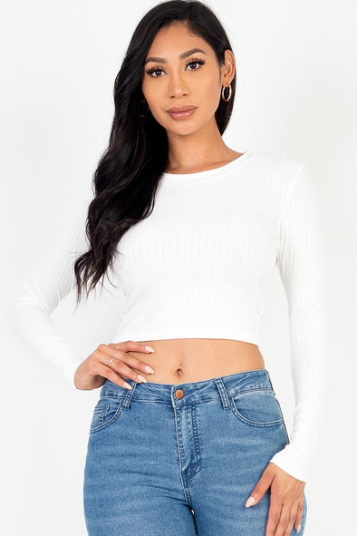 White Round Neck Basic Long Sleeve Crop Top