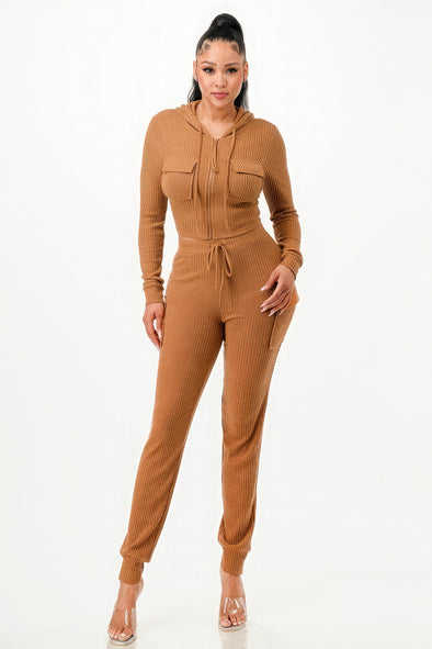 Camel Rib Knit Long Sleeve Hoodie & Jogger Set