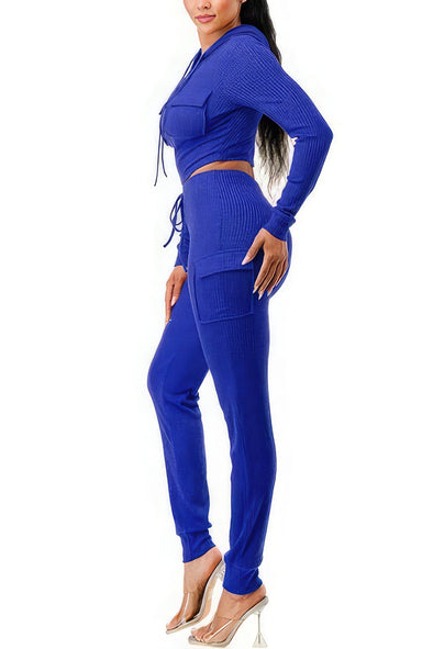 Blue Rib Knit Long Sleeve Hoodie & Jogger Set