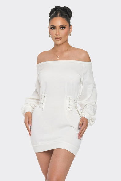 White Lace-Up Off the Shoulder Mini Dress