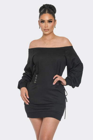 Black Lace-Up Off the Shoulder Mini Dress