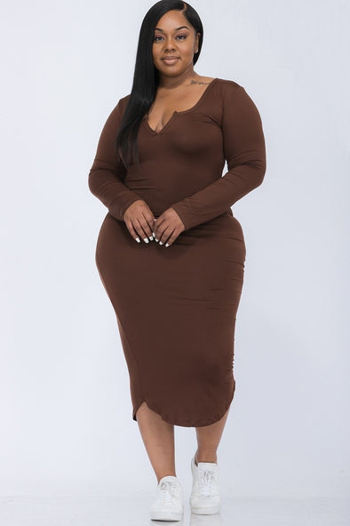 Plus Brown Scoop Neck Long Sleeve Bodycon Dress