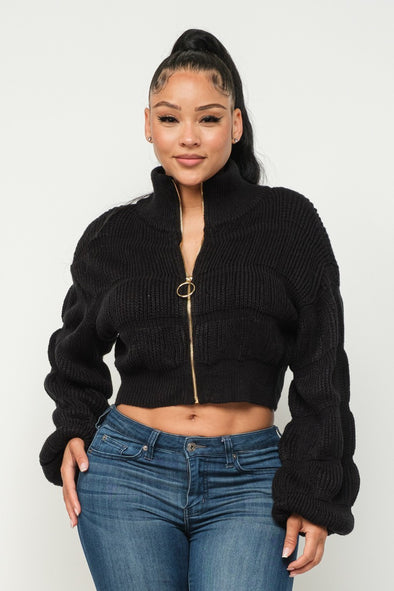 Black Mock Neck Zip Front Cropped Sweater