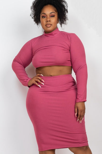 Plus Magenta Ribbed Crop Top & Skirt Set