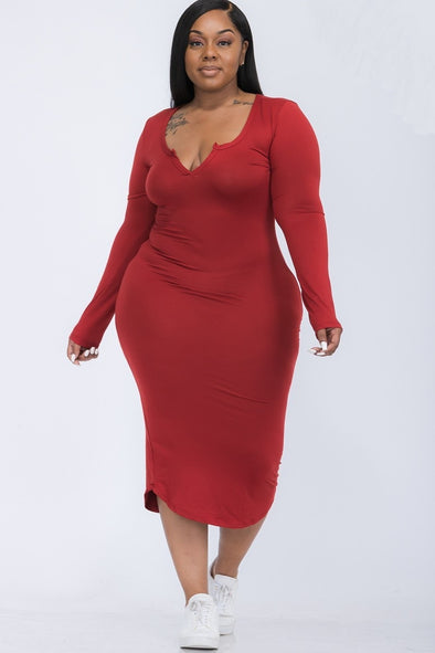 Plus Wine Scoop Neck Long Sleeve Bodycon Dress