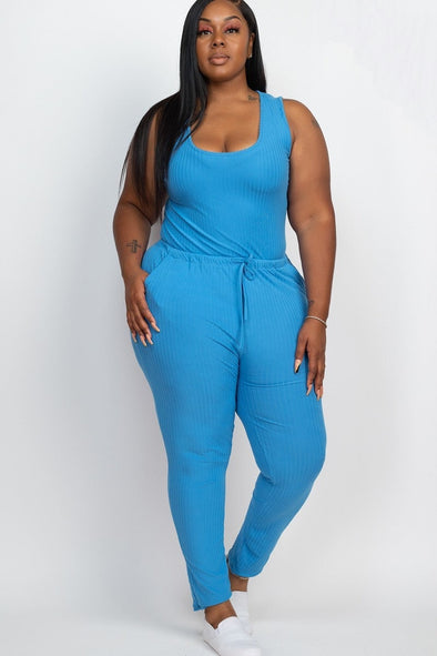 Plus Sky Blue Ribbed Knit Sleeveless Drawstring Jumpsuit